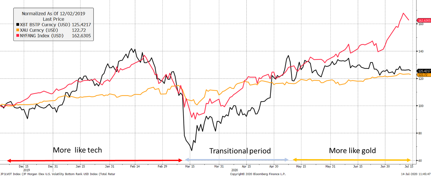 Source: Bloomberg. Bitcoin (black), Gold (gold), FANGs (large internet stocks green) and Nasdaq (red) since Nov 2019 rebased to 100.