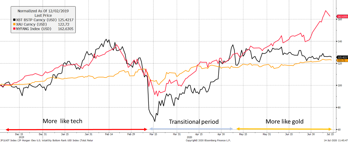 Source: Bloomberg. Bitcoin (black), Gold (gold), FANGs (large internet stocks green) and Nasdaq (red) since Nov 2019 rebased to 100. Source: Bloomberg. Bitcoin (black), Gold (gold), FANGs (large internet stocks green) and Nasdaq (red) since Nov 2019 rebased to 100.